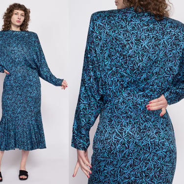 80s Nicole Miller Blue Floral Batwing Sleeve Dress - Medium | Vintage Designer Long Sleeve Midi Secretary Dress 