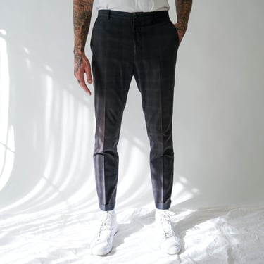 Shipley & Halmos Navy Blue Phantom Plaid Wool Blend Slim Fit Slacks w/ Cuffed Hem | Wool, Cotton | Size 34x30 | Designer Tailored Mens Pants 