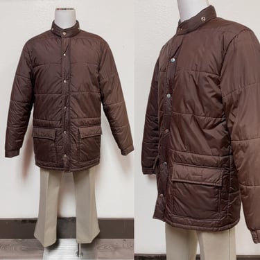 1970s Brown Puffy Water Proof Jacket w Big Metal Zipper & Snaps by Montgomery Ward 'Distinctive Outerwear' M/L | Vintage, Retro, Warm 