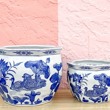 Pair of Blue and White Cachepots