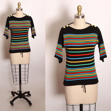 1970s Black and Rainbow Striped Half Sleeve Drawstring Waist Acrylic Blouse -S 