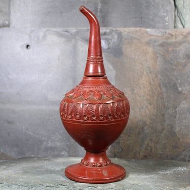 Antique Red Clay Ornately Carved Bottle | Unique Hand Crafted Design | Asian Oil Bottle | Global Decor | Bixley Shop 