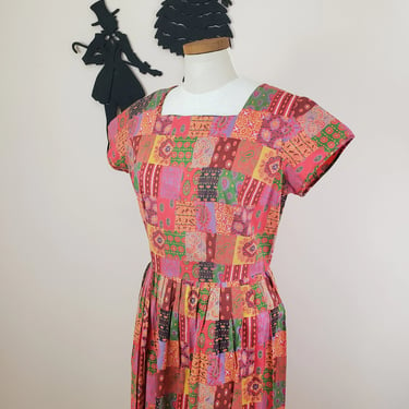 Vintage 1950's Cotton Paisley Dress / 60s Patchwork Day Dress L 