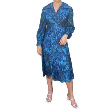 Vintage 1970s Womens Handmade Blue Floral Psychedelic Floral Disco Collar Dress 