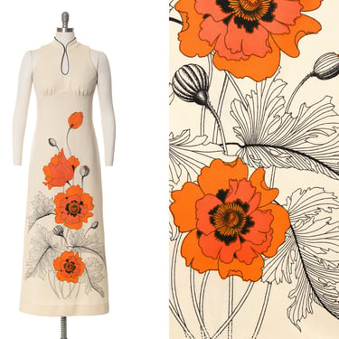 Vintage 1970s Maxi Dress | 70s ALFRED SHAHEEN Screen Printed Orange Poppy Poppies Floral Print Cream Polyester Knit Sundress (xs/small) 