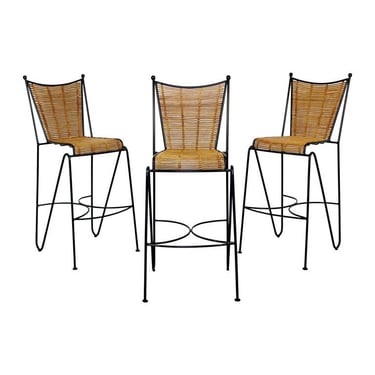 Mid Century Modern Set of 3 Barstools by Pipsan Saarinen Swanson Iron Cane 1960s 