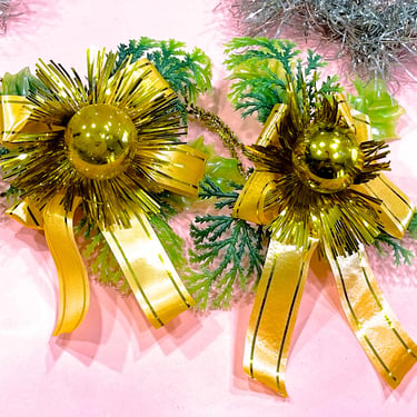 VINTAGE: 2pcs - Mercury Glass Flower Corsage - Greenery Peach Ribbon Tinsel Holiday Pick - Christmas 