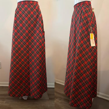 1970's Red Tartan Maxi Skirt XS Deadstock 