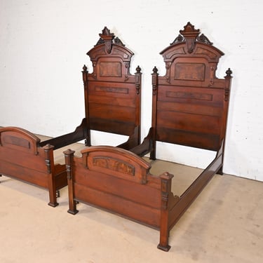 Herter Brothers Style Antique Monumental Eastlake Victorian Carved Burled Walnut Twin Size Beds, Circa 1880s