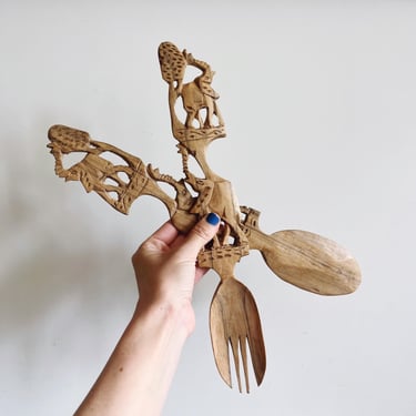 Vintage African Elephant Hand-Carved Wooden Serving Fork and Spoon 