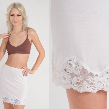 White Lace Slip Skirt 70s 80s Lingerie Mini Skirt Semi-Sheer, Shop Exile