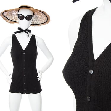 Vintage 1960s 1970s Swimsuit | 60s 70s Black Knit Minimalist Open Back One Piece Retro Bathing Suit (medium) 