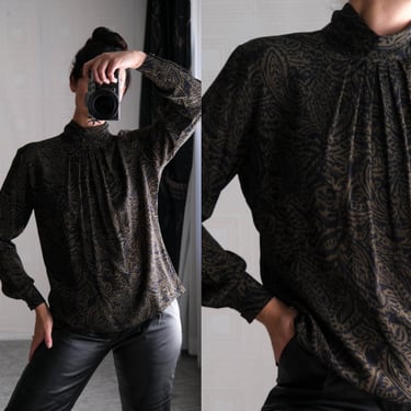 Vintage 80s Christian Dior Brown & Black Animal Print Long Sleeve Silk Blouse | 100% SILK Blouse | 1980s Designer Dior Shirt, Button up 