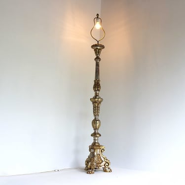 Mid century Italian Ornate Hand Carved Painted Tall Altar Floor Lamp Candlestick Lamp Vintage Wooden Torch Holder Florentine Baroque 1950s 