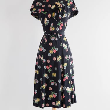 Lovely 1940's Black Rayon Spring Floral Print Occasion Dress / M