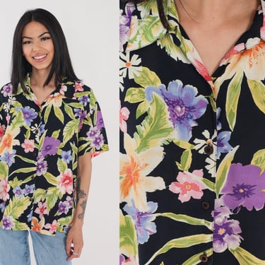 Tropical Floral Shirt 90s Hawaiian Button Up Blouse Black Flower Leaf Print Surfer Short Sleeve Top Retro Vintage 1990s Extra Large xl 16 