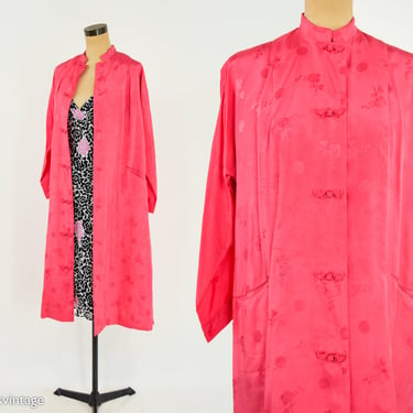 1960s Pink Silk Coat | 60s Coral Silk Housecoat | Large 
