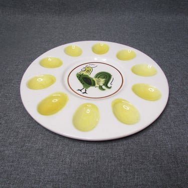 Vintage Deviled Egg Platter/Plate with Rooster 1960's Kitchen Yellow Green Ceramic 
