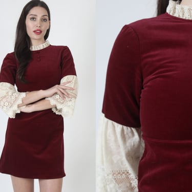 Holiday Party Red Burgundy Velvet Mini Dress, holiday Style Tiered 70s Outfit, Vintage Tuxedo Lace Trim Boho Party Frock 