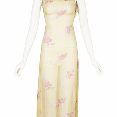 1930s Vintage Leaf Print Chartreuse Silk Chiffon Ruffle Collar Dress Sz XXS 