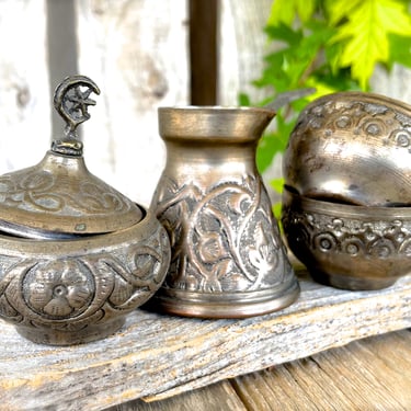 ANTIQUE: 4pcs - Hammered Silver Maillechort Small Dishes - Hand Forged - Moroccan, Algeria, Religion, Ritual - Moon Star - SKU 22-C-00012567 