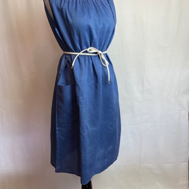 60’s deadstock shift dress~ A line smock sleeveless Summer dress tunic denim- blue red top stitching oversized boxy size XL 