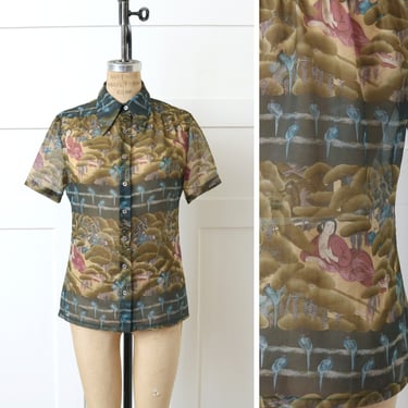 vintage 1970s novelty print blouse • figural reclined woman, birds & lilacs • short sleeve big collar seventies shirt 