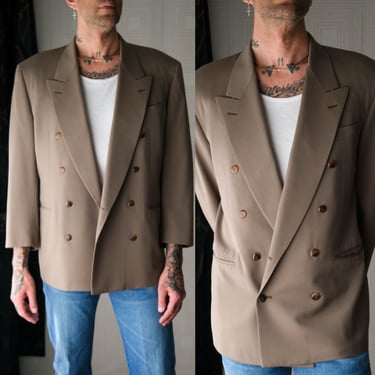 Vintage 80s CANALI for Bernini Beverly Hills Dark Khaki Gabardine Double Breasted Power Blazer | Made in Italy | 1980s Designer Mens Jacket 
