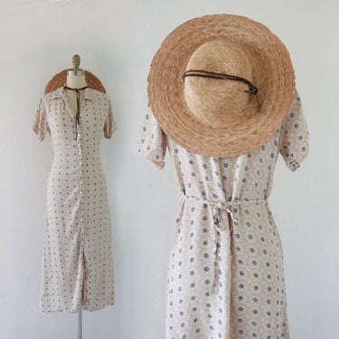 tie back daisy dress - s/m - vintage beige 90s y2k rayon button front short sleeve floral midi 90s minimal cute cottage cottagecore 