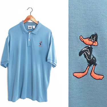 Looney Tunes shirt / Daffy Duck shirt / 1990s blue Daffy Duck Looney Tunes polo shirt XL 