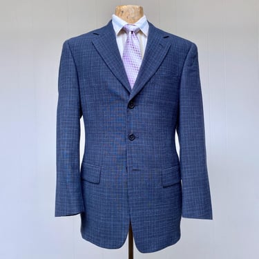 Vintage Fred Segal Slim Fit Sport Coat, Blue Plaid Lightweight Wool/Linen Blend, 38 Regular, VFG 