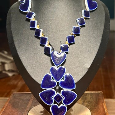 Handmade Blue Ceramic Necklace Hearts Pottery Royal Blue Glaze Statement Jewelry 