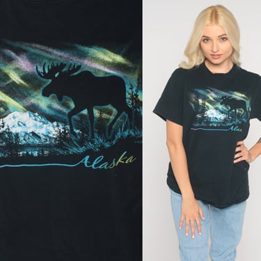 Alaska Moose Shirt Northern Lights Tee Y2K Animal TShirt Vintage Retro Graphic Shirt Screen Print 00s t shirt Black Wildlife Medium 