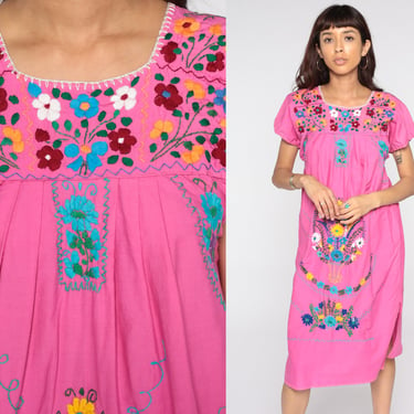 Pink Mexican Dress Embroidered Midi Dress Boho Cotton Tunic Peasant Dress Hippie Floral 80s Bohemian Dress Vintage Medium 