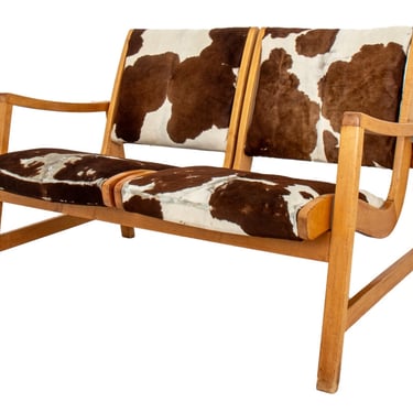 Mid-Century Modern Cow Hide Upholstered Settee