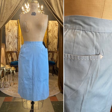 1950s pencil skirt, baby blue cotton, vintage straight skirt, fitted, arrow stitched, high waist, rockabilly, mrs maisel, pin up, late 1940s 