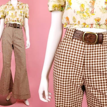 1960s/70s gingham checkered pants. Ultra high rise mega bells brown and white cuffed groovy hippie mod. (28 x 31) 