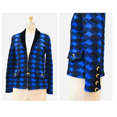 80s 90s Vintage Blue Black Plaid Sweater Cardigan Jacket Plaid Knit Sweater Jacket Medium Cardigan By Christian A New York 