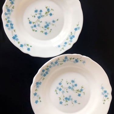 Vintage Arcopal 'Veronica' 9" Soup / Pasta Bowls White Blue Floral Design, Set of 4, Mid Century, White Milk Glass 1940's Forget-Me-Not 