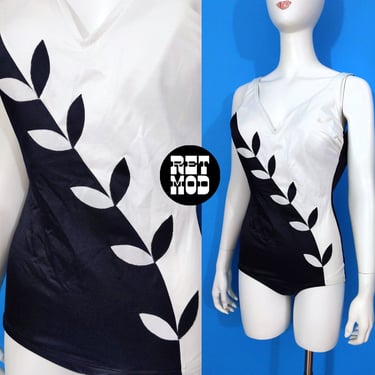 NWOT Lovely Vintage 60s 70s Black White Leaves Swimsuit by DeWeese Design 