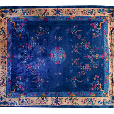 Antique 12’3” x 14’5” Chinese Art Deco Rug Medallion Botanical Royal Blue Hand Knotted Manchester Wool Rug 1920s - FREE DOMESTIC SHIPPING 