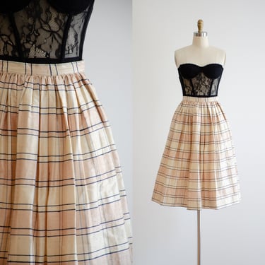 plaid silk skirt 80s vintage Neiman Marcus cream beige shantung silk knee length skirt 