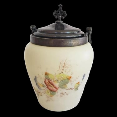 Antique 1800s Mt Washington Custard Satin Glass Hand Painted  Biscuit Jar with Lid 