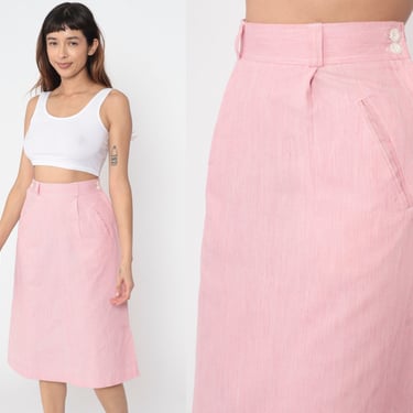 Pink Pencil Skirt 80s Midi Skirt Pinstriped Welt Pocket High Waisted Retro Simple Plain Secretary Skirt Simple Vintage 1980s Small S 