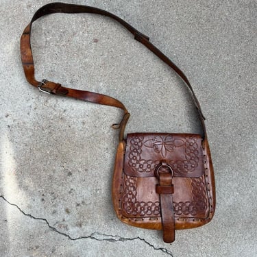 Vintage Handmade USA Brown Tooled Floral Genuine Leather Crossbody Square Bag 