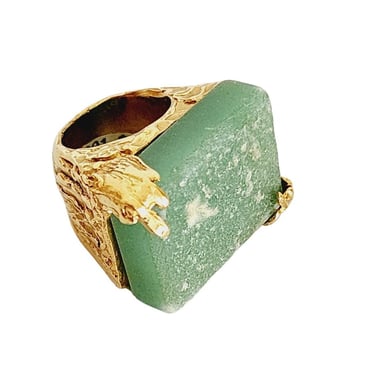 Vintage Yves Saint Laurent Arty Ring Green Aventurine Stone Chunky Gold Base 