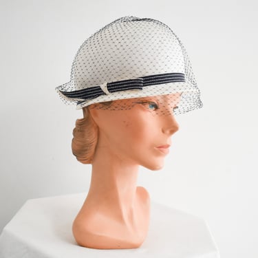 1960s White Straw Bubble Hat with Navy Band and Netting 
