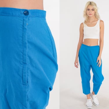 60s Ankle Pants Bright Blue Pinup Pants Straight Leg Trousers Cropped Pants High Waisted Rise Retro Baggy Sixties Vintage 1960s Small S 