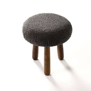 Custom Awassi Tripod Ottoman / Footstool — Turned Walnut legs — Charcoal Gray Bouclé 