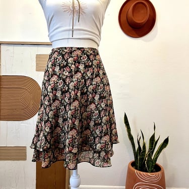 90s Vintage Express Rose Floral Print Ruffled Mini Skirt 